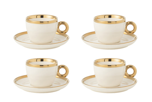 Doos met 4 kopjes en schotels, keramiek, wit/goud