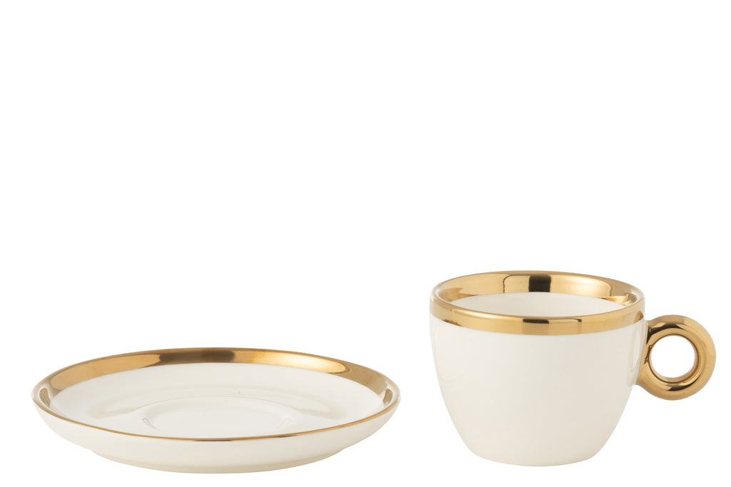 Doos met 4 kopjes en schotels, keramiek, wit/goud