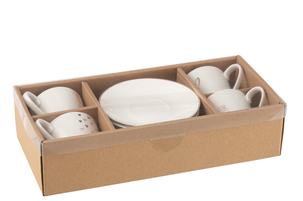 Doos met 4 theekopjes en schoteltjes in hartvorm Windownbox Keramiek Wit Groot