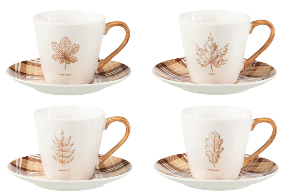 Doos met 4 theekopjes en schoteltjes, blad, Windownbox Keramiek, bruin, groot