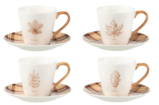 Doos met 4 theekopjes en schoteltjes, blad, Windownbox Keramiek, bruin, groot