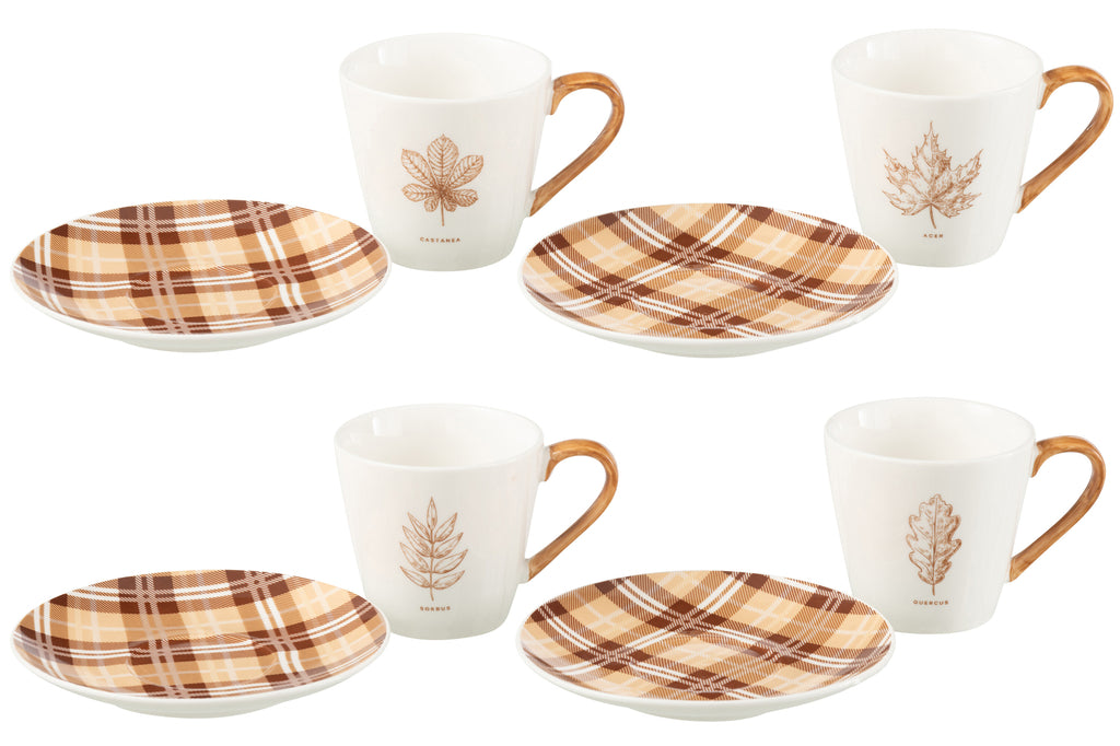Doos met 4 theekopjes en schoteltjes, blad, Windownbox Keramiek, bruin, groot