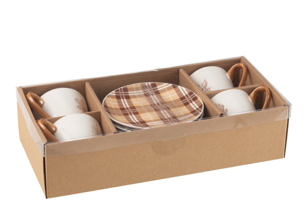 Doos met 4 theekopjes en schoteltjes, blad, Windownbox Keramiek, bruin, groot