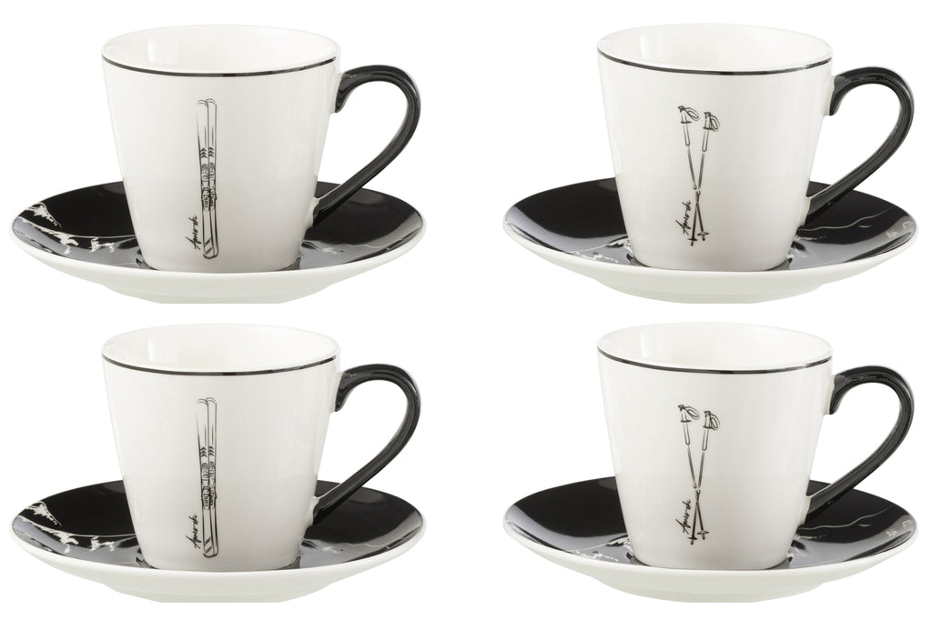 Doos met 4 theekopjes en schoteltjes Windownbox Keramiek Zwart/Wit Groot