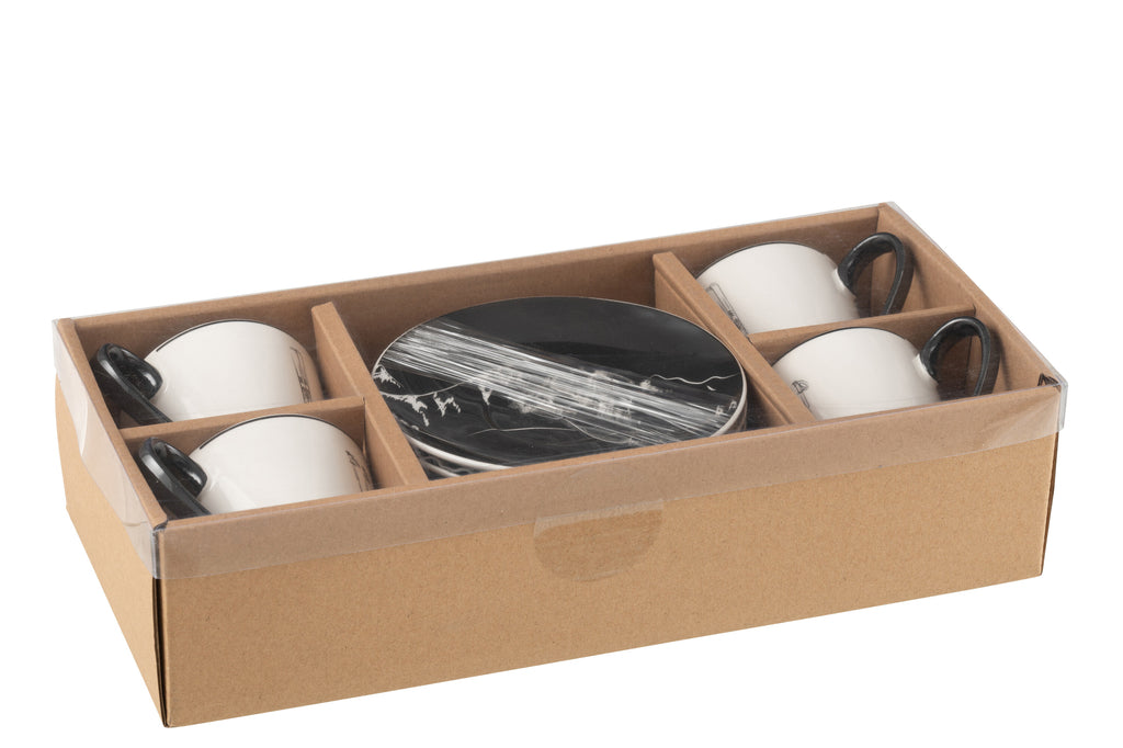 Doos met 4 theekopjes en schoteltjes Windownbox Keramiek Zwart/Wit Groot