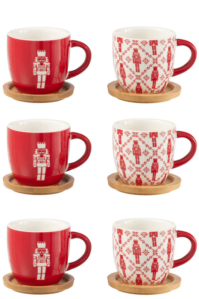 Doos met 6 koffiekopjes + bamboe schoteltjes Notenkrakers Windownbox Keramiek Rood