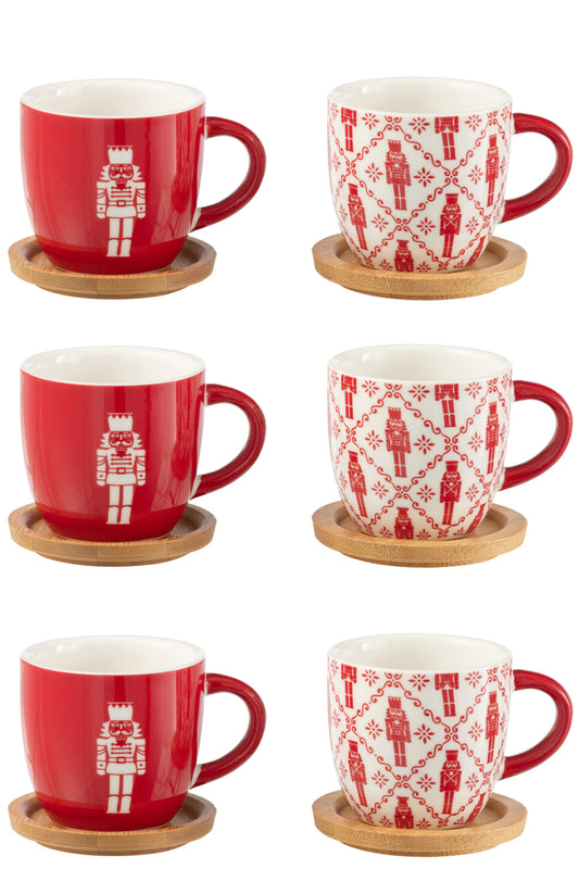 Doos met 6 koffiekopjes + bamboe schoteltjes Notenkrakers Windownbox Keramiek Rood
