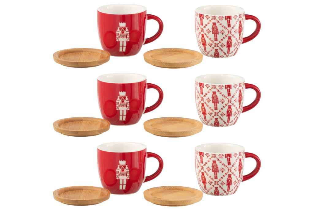 Doos met 6 koffiekopjes + bamboe schoteltjes Notenkrakers Windownbox Keramiek Rood