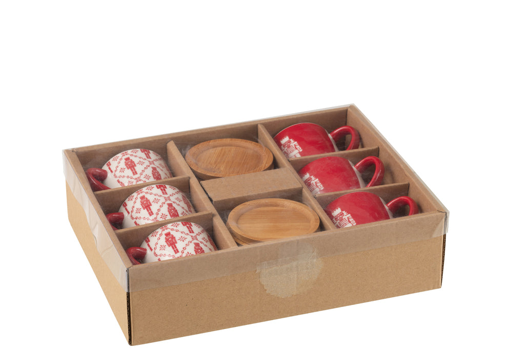 Doos met 6 koffiekopjes + bamboe schoteltjes Notenkrakers Windownbox Keramiek Rood