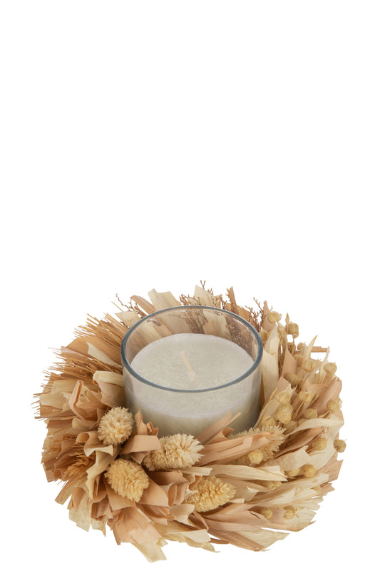 Kaars Bloemen Rond Glas Wit/Natuurlijk 24H