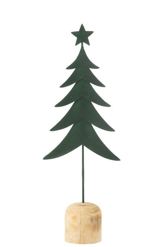 Kerstboom op voet + ster metaal/hout donkergroen groot