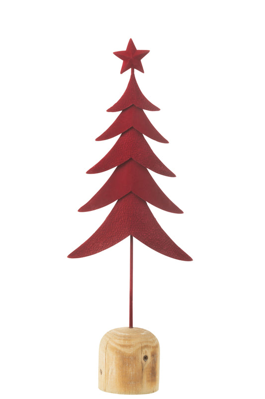 Kerstboom op voet + ster metaal/hout rood groot