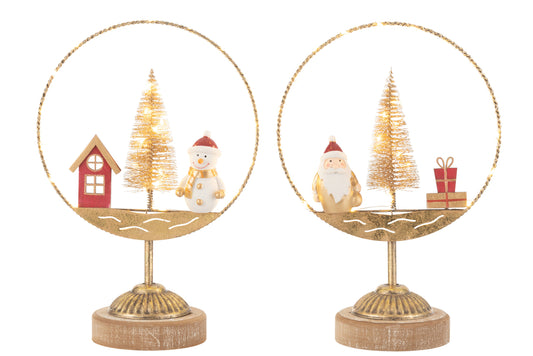 Cirkel op voet Led Kerstman/Sneeuwman Goud/Roest Assortiment van 2