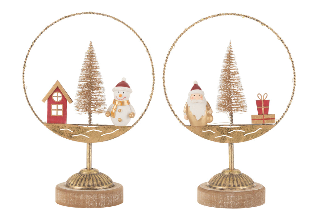 Cirkel op voet Led Kerstman/Sneeuwman Goud/Roest Assortiment van 2