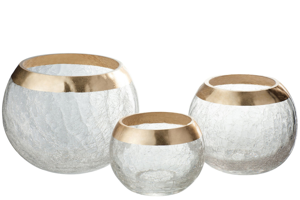 Kaarsenhouder Bol Crackle Glas Transparant/Goud Medium