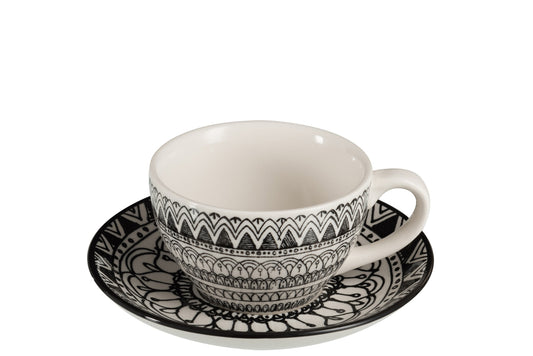 Koffiemok + Schotel Monochroom Boho Keramiek Zwart/Wit