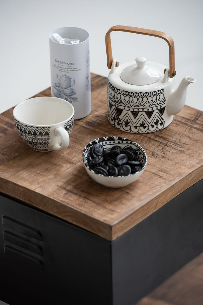 Koffiemok + Schotel Monochroom Boho Keramiek Zwart/Wit