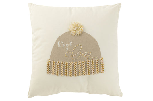Kussen Beanie Let's Get Cozy Katoen Wit/Beige