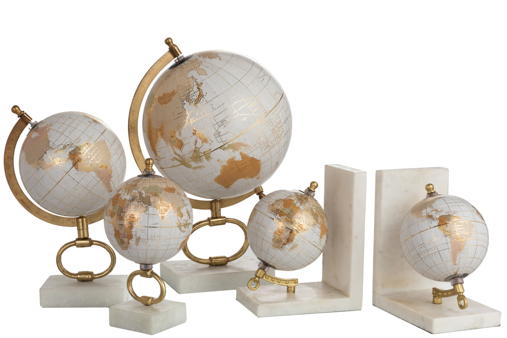 Wereldbol op voet Marmer Wit/Metaal Goud Medium