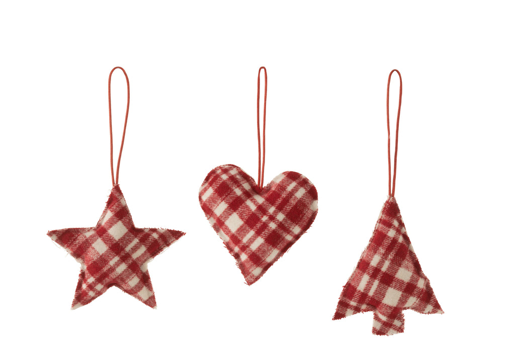 Hanger Hart/Ster/Kerstboom Geruit Textiel Rood/Wit Assortiment Van 3