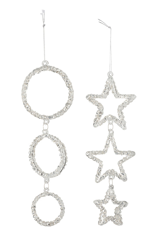 Hanger Cirkel/Ster Glas Glitter Zilver Assortiment Van 2