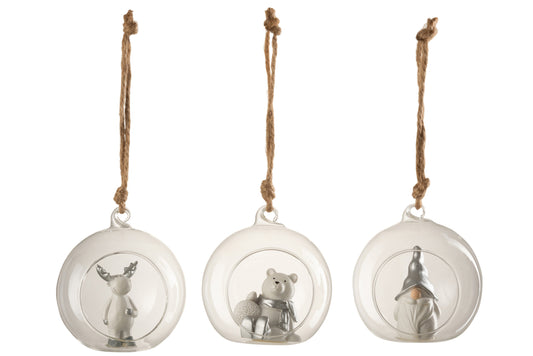 Hanger Ball+Figuur Glas Wit/Zilver Assortiment Van 3