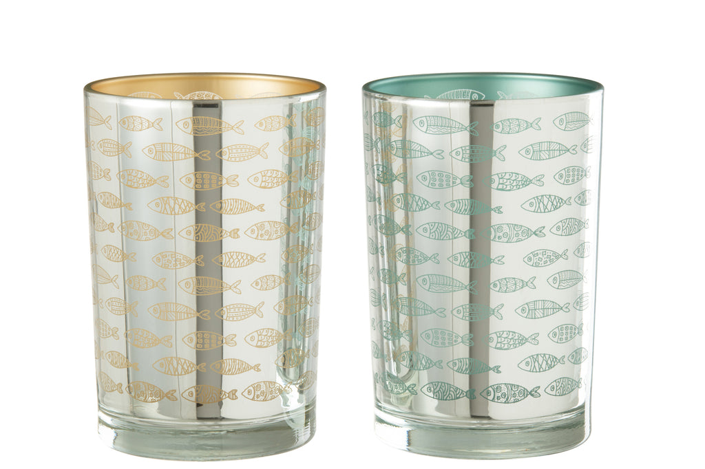Orkaanvis Glas Beige/Blauw Groot Assortiment Van 2