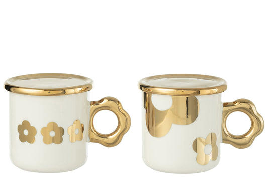 Mok+Schotel Bloem Keramiek Wit/Goud Assortiment Van 2