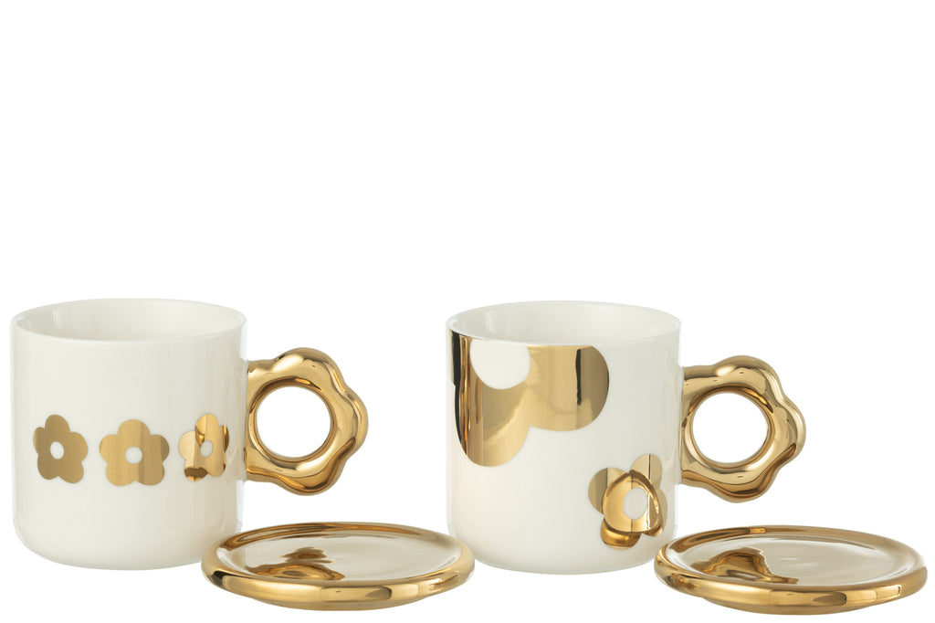 Mok+Schotel Bloem Keramiek Wit/Goud Assortiment Van 2