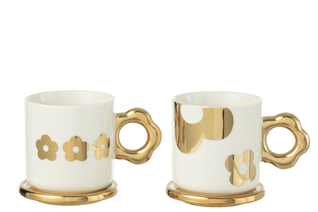 Mok+Schotel Bloem Keramiek Wit/Goud Assortiment Van 2