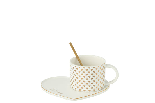 Mok+Schotel+Lepel Hart Keramiek Wit/Goud