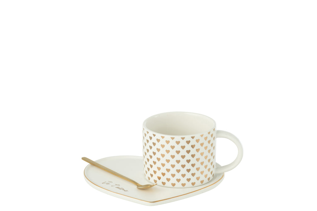 Mok+Schotel+Lepel Hart Keramiek Wit/Goud