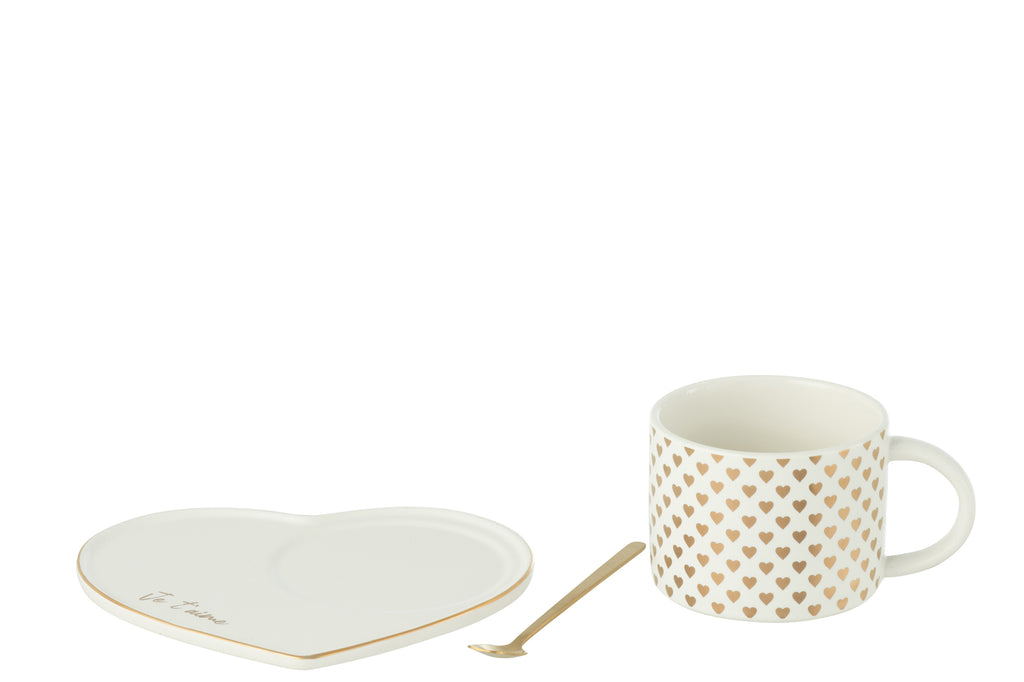 Mok+Schotel+Lepel Hart Keramiek Wit/Goud