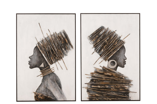 Schilderij Afrikaanse Vrouw Hout/Canvas Bruin/Grijs Assortiment Van 2