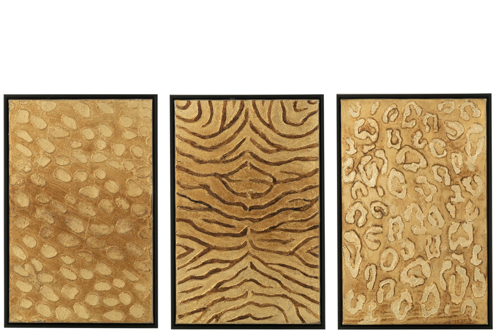 Schilderij Dierenprint Hout/Canvas Zwart/Goud Assortiment Van Drie