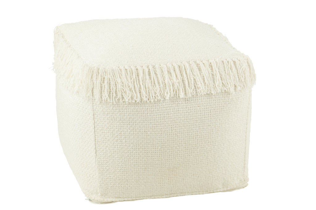Poef Vierkant Geweven+Franjes Viscose Wit