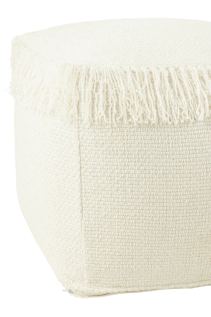 Poef Vierkant Geweven+Franjes Viscose Wit