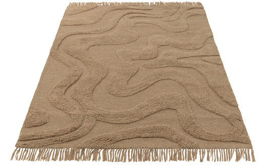 Tapijt Getuft Curves/Fringes Wol Beige