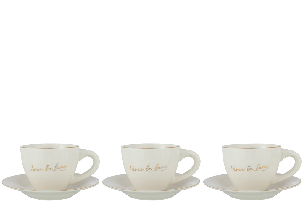 Doos met 3 kop+schotel porseleinen viser La Lune wit/goud
