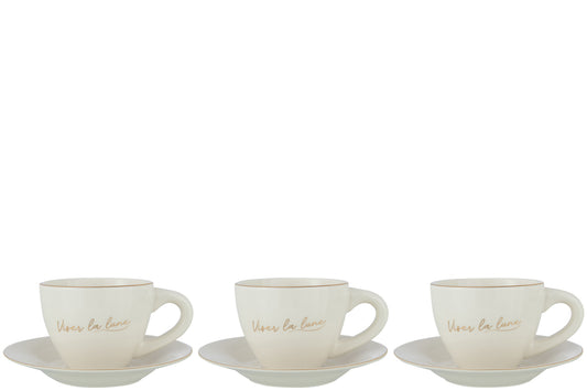 Doos met 3 kop+schotel porseleinen viser La Lune wit/goud