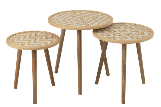 Set van 3 bijzettafelpatronen 3 poten bamboe/hout natuurlijk/wit