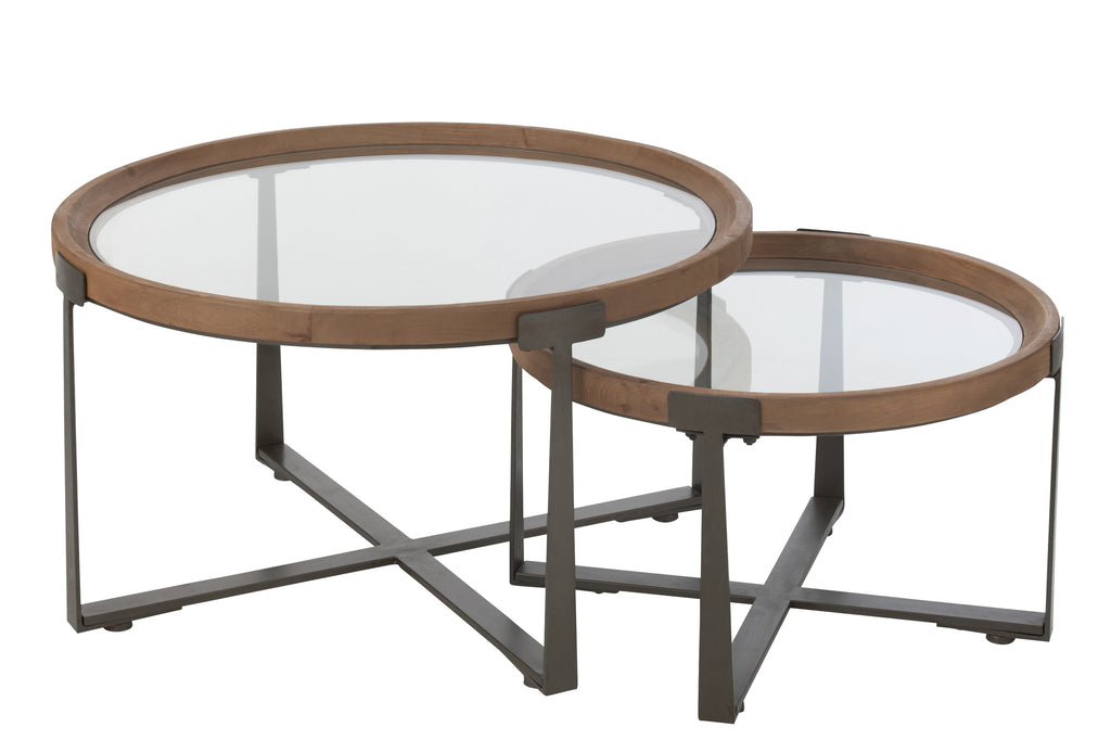 Set van 2 salontafels Luki Glas/Vurenhout Naturel/Zwart