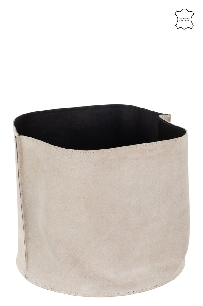 Ronde lage beige leren opbergmand