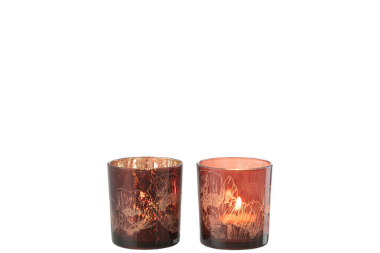 Theelichthouder Bloemen Glas Bordeaux/Antiek Bordeaux Klein Assortiment Van 2