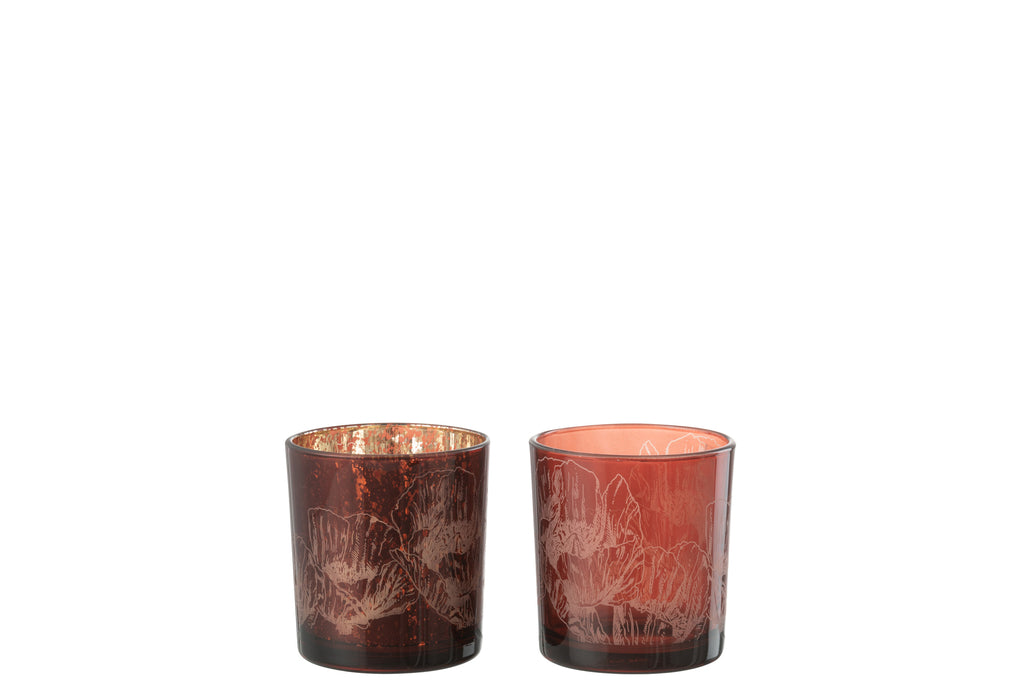 Theelichthouder Bloemen Glas Bordeaux/Antiek Bordeaux Klein Assortiment Van 2