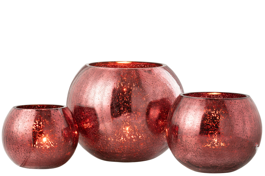 Theelichthouder Bol Craquelé Glas Roze Groot