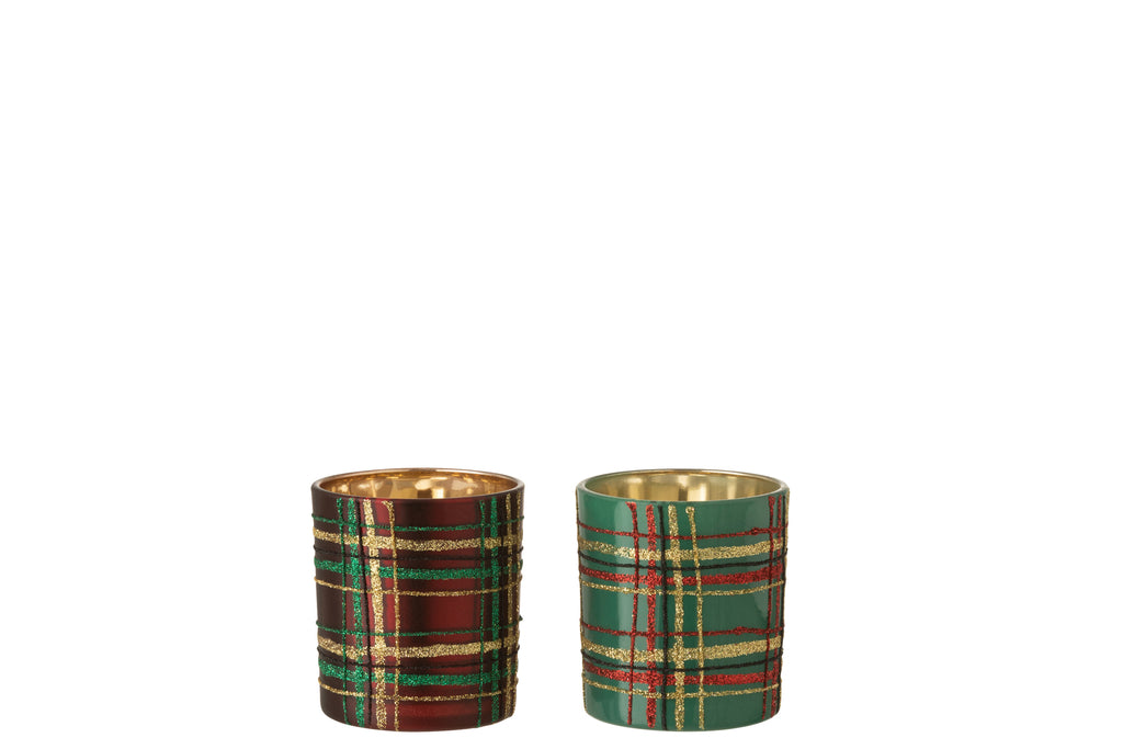 Theelichthouder Geruit Glas Rood/Groen Klein Assortiment Van 2