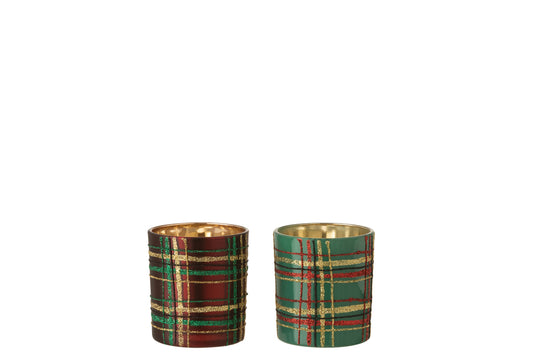 Theelichthouder Geruit Glas Rood/Groen Klein Assortiment Van 2