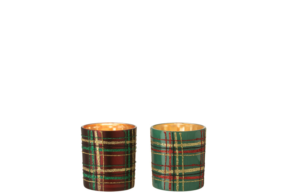 Theelichthouder Geruit Glas Rood/Groen Klein Assortiment Van 2