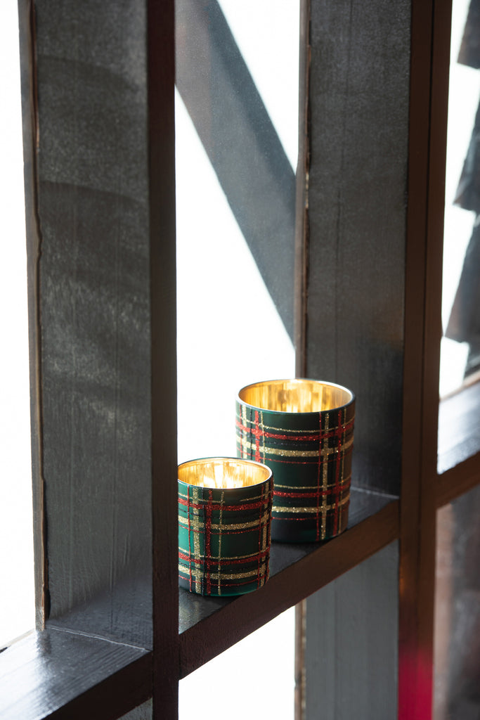 Theelichthouder Geruit Glas Rood/Groen Klein Assortiment Van 2